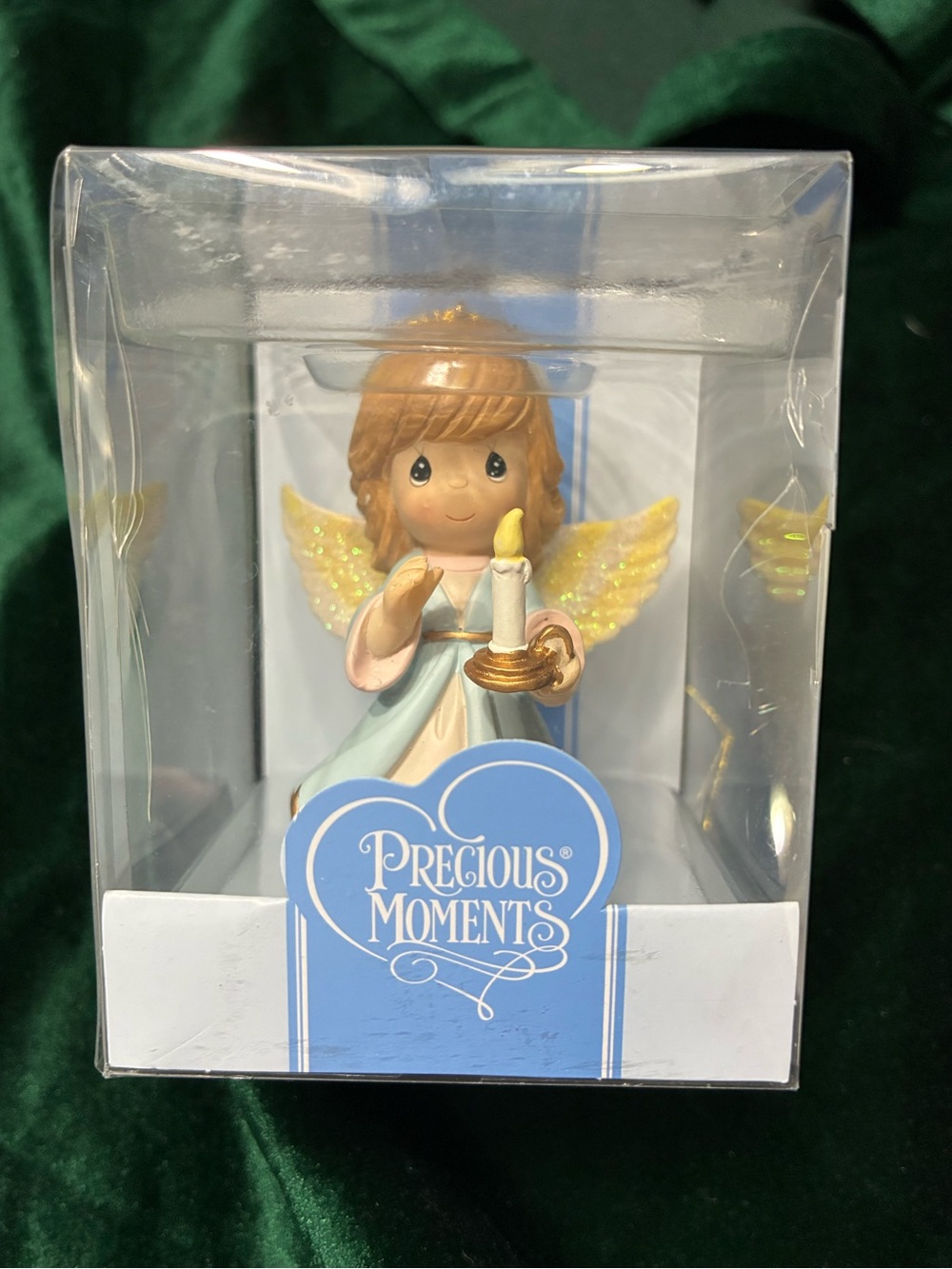 Precious Moments Blue and Gold Angel Figurine Holiday Ornament Holding Candle